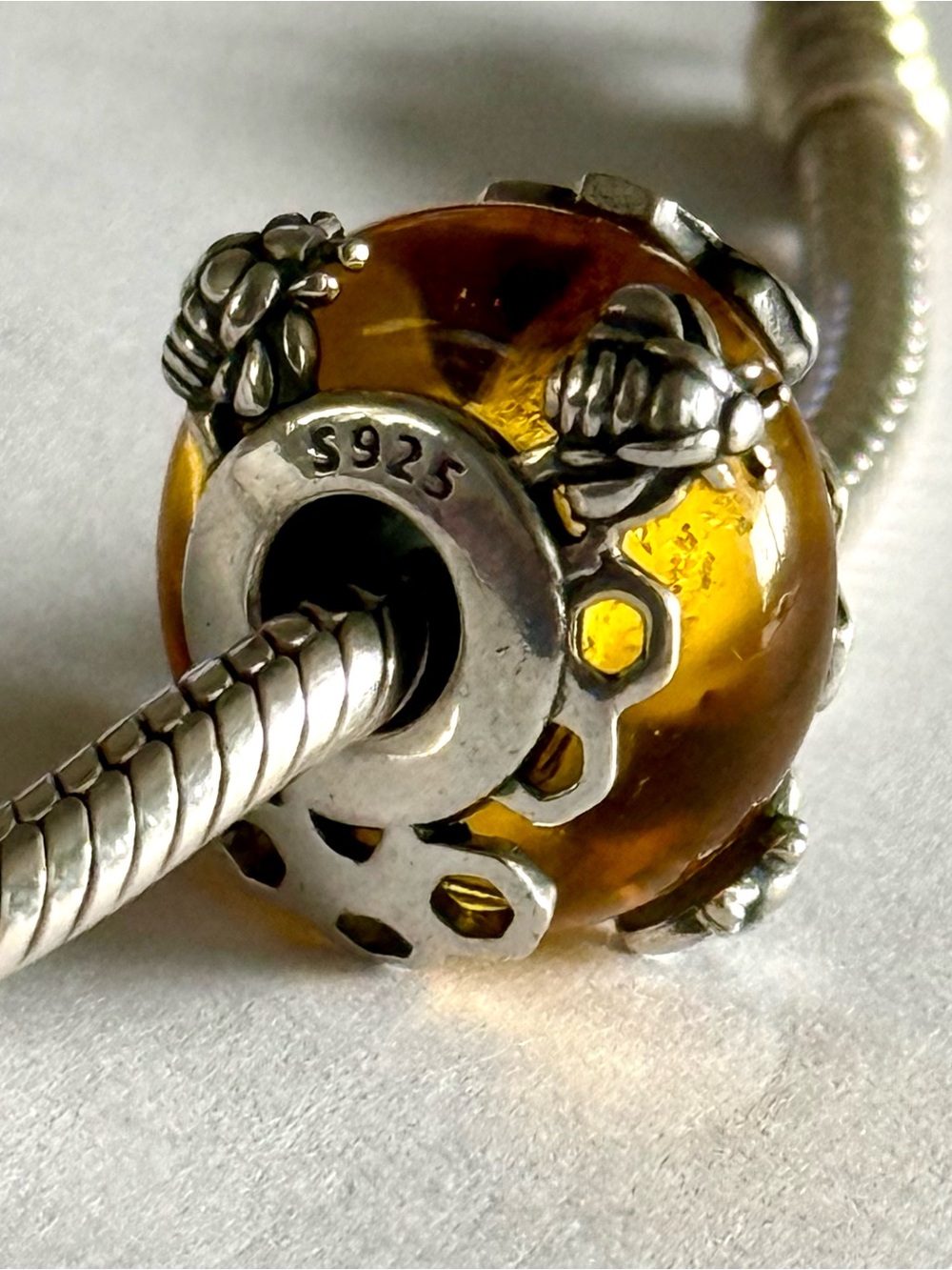Amber honey bees Murano Glass  Charm fit Pandora Bracelets